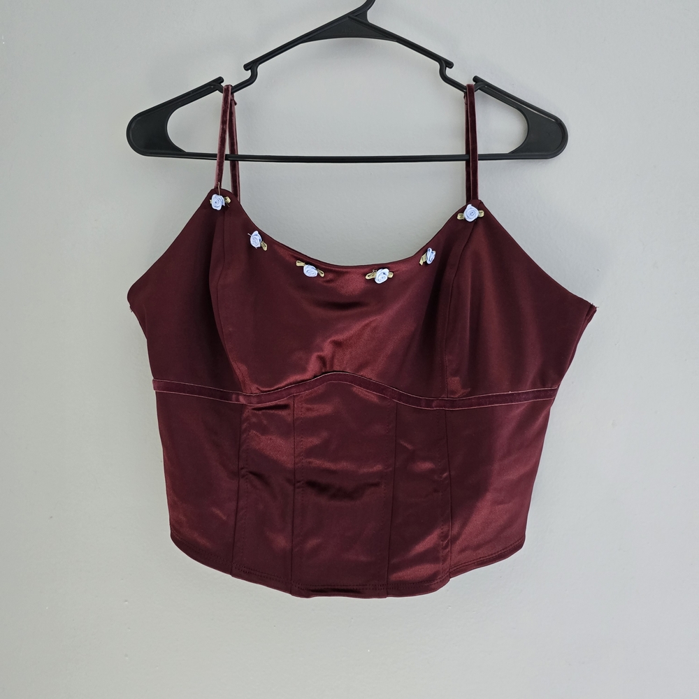 🌟 Wild Fable Burgundy Top with Blue Floral Embellishments